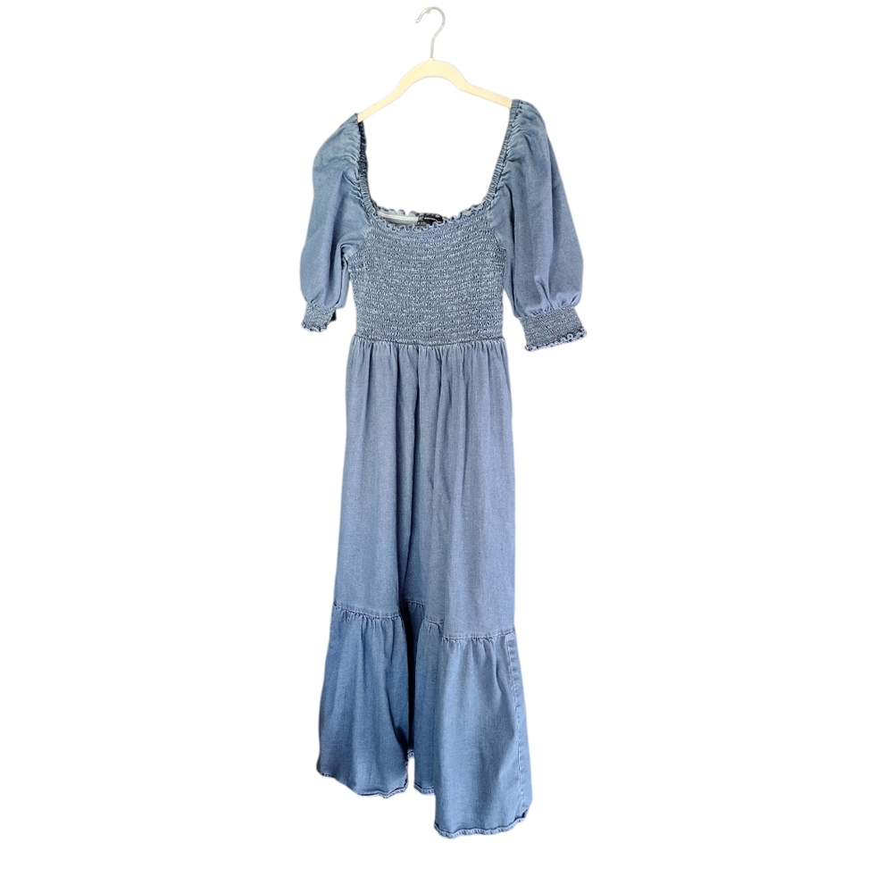 INC Petite Large Denim Chambray Midi Dress Off Shoulder Peasant Country Western